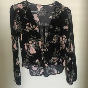 Surplice tie top Black blouse